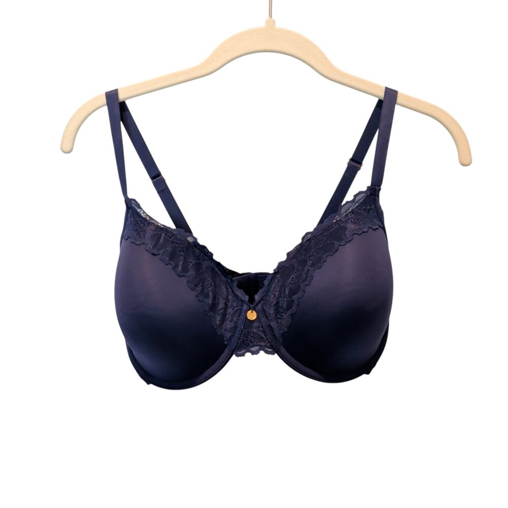 Natori Sz 34DD Hidden Glamour Navy Blue Lace Trim Underwire Padded Bra